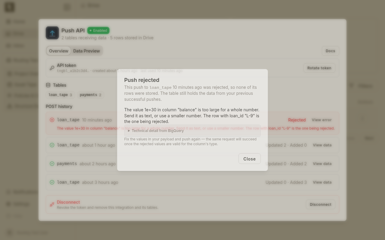 A rejected push explained: the offending column, value and row